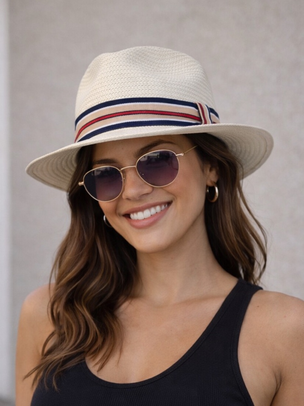 Classic Cream Straw Fedora with Navy & Red Ribbon